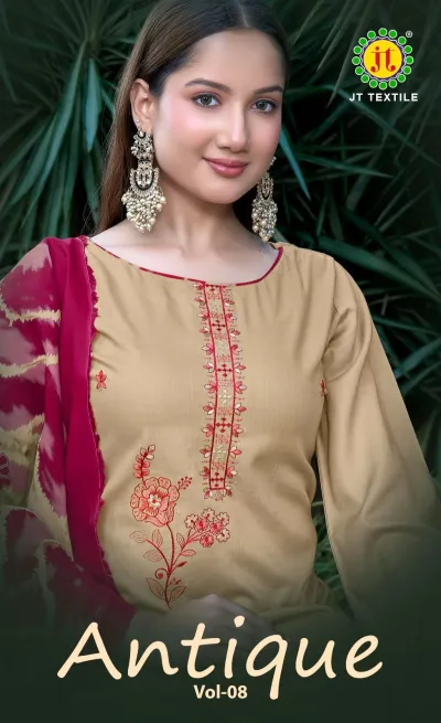 Jt Antique Vol 8: Beige kurti with floral thread work embroidery, paired with a maroon printed dupatta. Close-up catalog view.