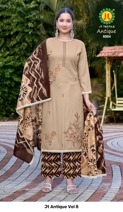 Jt Antique Vol 8: Beige kurti with floral embroidery and brown printed palazzo pants and dupatta. Full-length view.