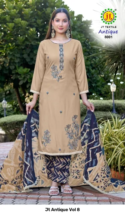 Jt Antique Vol 8: Beige kurti with blue floral thread work, paired with blue printed palazzo pants and dupatta.
