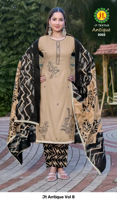 Jt Antique Vol 8: Beige kurti with floral thread work, paired with black printed palazzo pants and dupatta.
