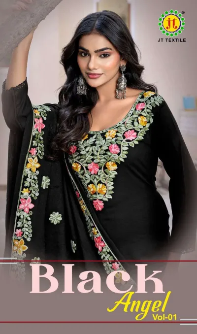Jt Black Angel Vol 1: Close-up of a model wearing a black salwar suit with colorful floral thread work embroidery and dupatta.