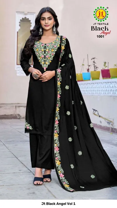 Jt Black Angel Vol 1: Black salwar suit set featuring multi-colored floral thread work on the neckline and matching dupatta border.