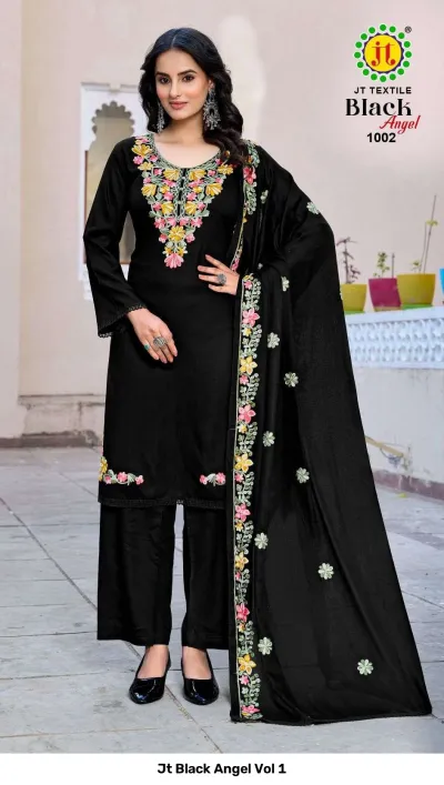 Jt Black Angel Vol 1: Black salwar suit set with ornate floral thread work embroidery on the kurti and dupatta border.