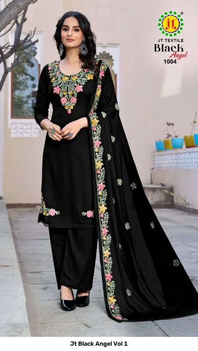 Jt Black Angel Vol 1: Black salwar suit set featuring intricate multi-colored floral thread work on the kurti and dupatta.
