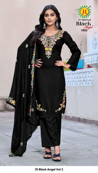 Jt Black Angel Vol 1: Black salwar suit set with detailed floral thread work embellishments on the neckline and dupatta border.