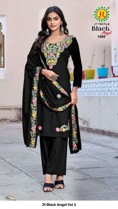 Jt Black Angel Vol 1: Black salwar suit set featuring colorful floral thread work patterns on the kurti and dupatta.