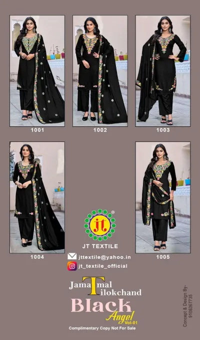 Jt Black Angel Vol 1: Catalog cover showing a collage of five different black salwar suit designs with floral thread work.