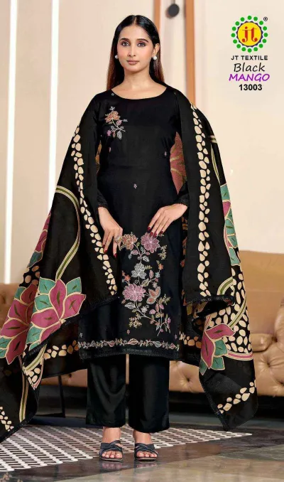 Jt Black Mango Vol 13, black salwar suit with thread work floral embroidery and a printed dupatta.