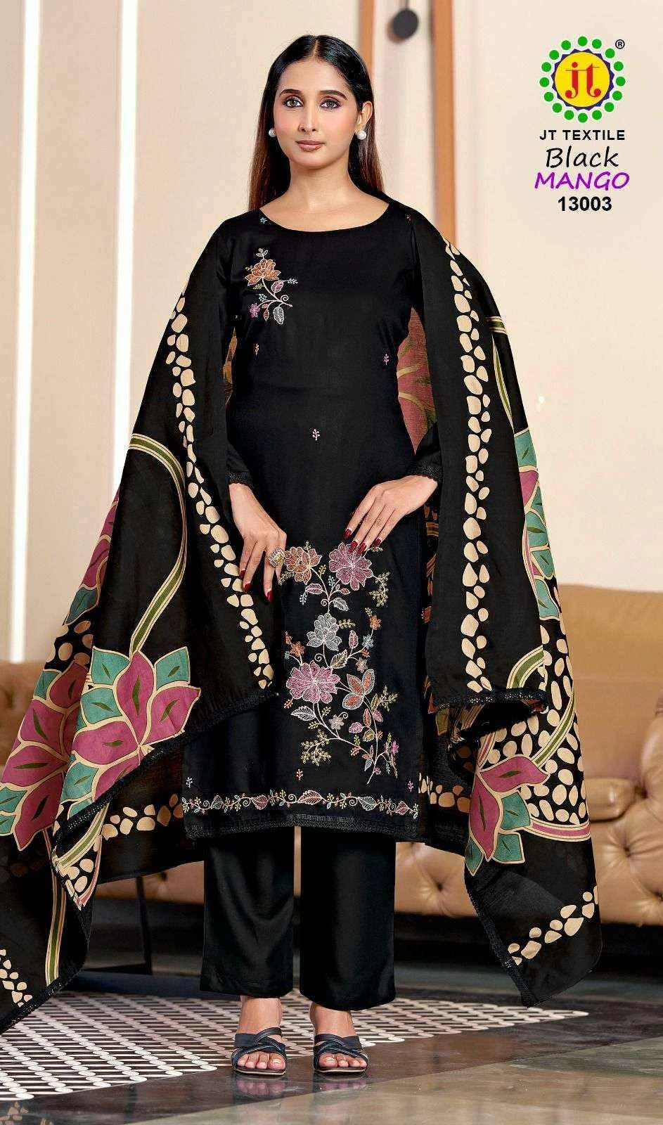Jt Black Mango Vol 13, black salwar suit with thread work floral embroidery and a printed dupatta.