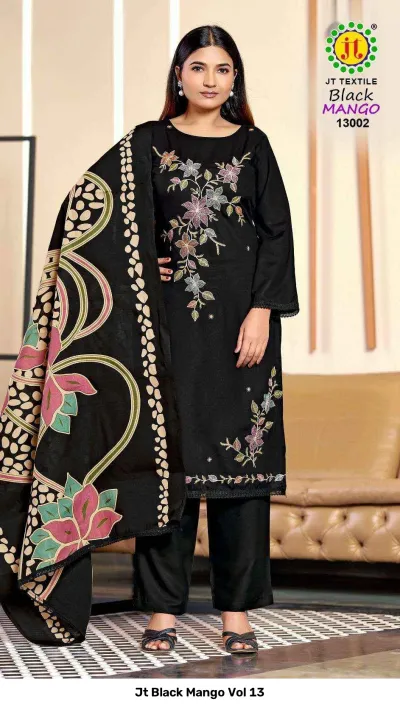 Jt Black Mango Vol 13, black salwar suit with floral thread work and a printed dupatta.
