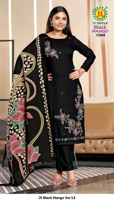 Jt Black Mango Vol 13, black salwar suit featuring floral thread embroidery and a printed dupatta.