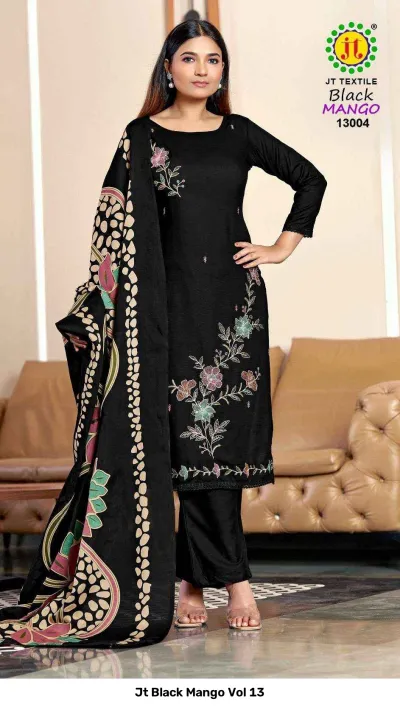 Jt Black Mango Vol 13, black salwar suit with floral thread work and a matching printed dupatta.