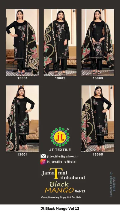 Jt Black Mango Vol 13, catalog collage showing five different designs of black salwar suits with thread work and printed dupattas.