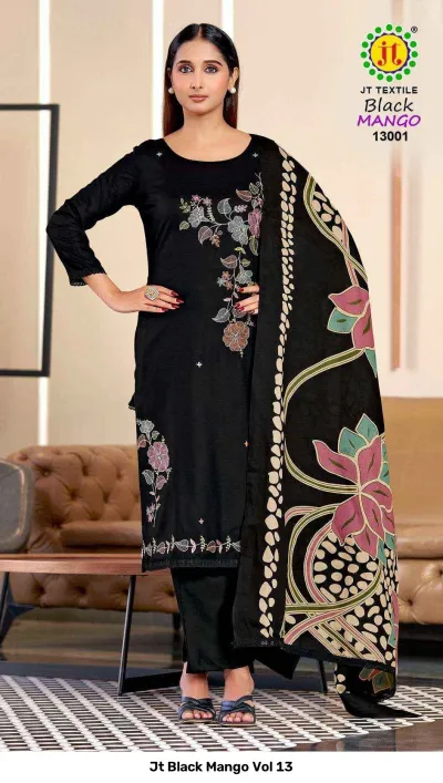 Jt Black Mango Vol 13, black salwar suit with floral thread work embroidery and a printed dupatta.