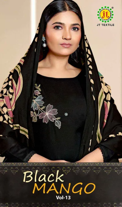 Jt Black Mango Vol 13, catalog cover showing a model in a black embroidered salwar suit.
