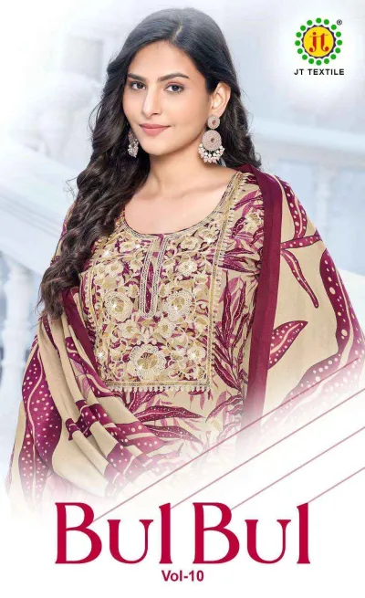Jt Bulbul Vol 10: Catalog cover featuring a model in a beige and maroon printed suit with gold embroidery.