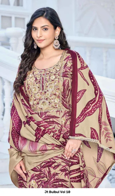 Jt Bulbul Vol 10: Close-up of beige and maroon printed kurta featuring detailed gold thread and zari embroidery.
