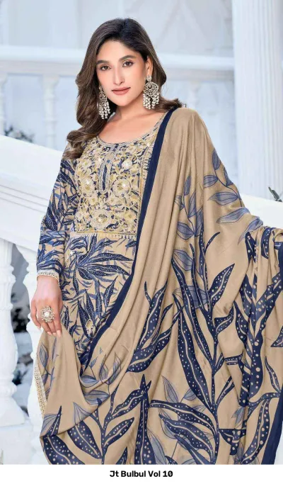 Jt Bulbul Vol 10: Close-up of beige and blue printed kurta showing ornate gold thread and zari work on the yoke.