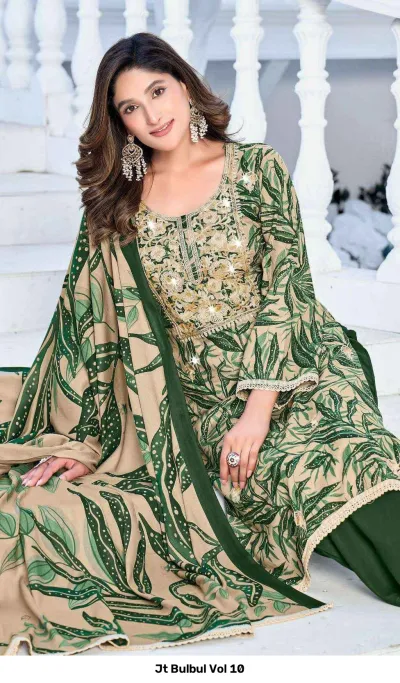 Jt Bulbul Vol 10: Close-up of beige and green printed kurta highlighting intricate gold thread work on the yoke.