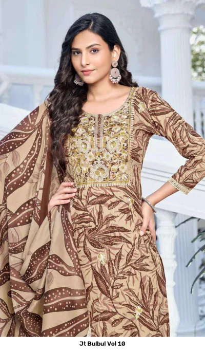 Jt Bulbul Vol 10: Close-up of beige and brown printed kurta displaying delicate gold thread and zari embroidery.