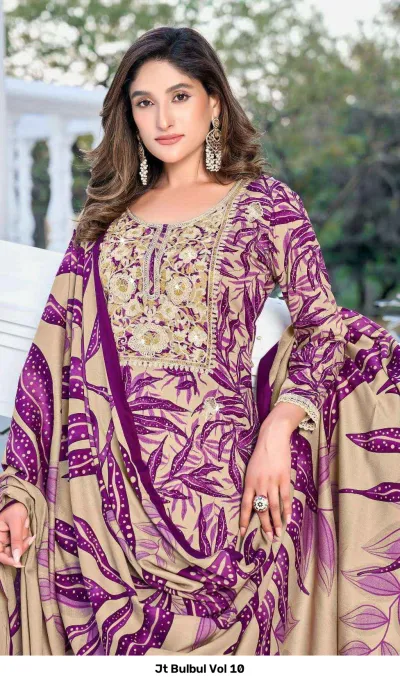 Jt Bulbul Vol 10: Close-up of beige and purple printed kurta detailing the gold embellished embroidery on the neck.