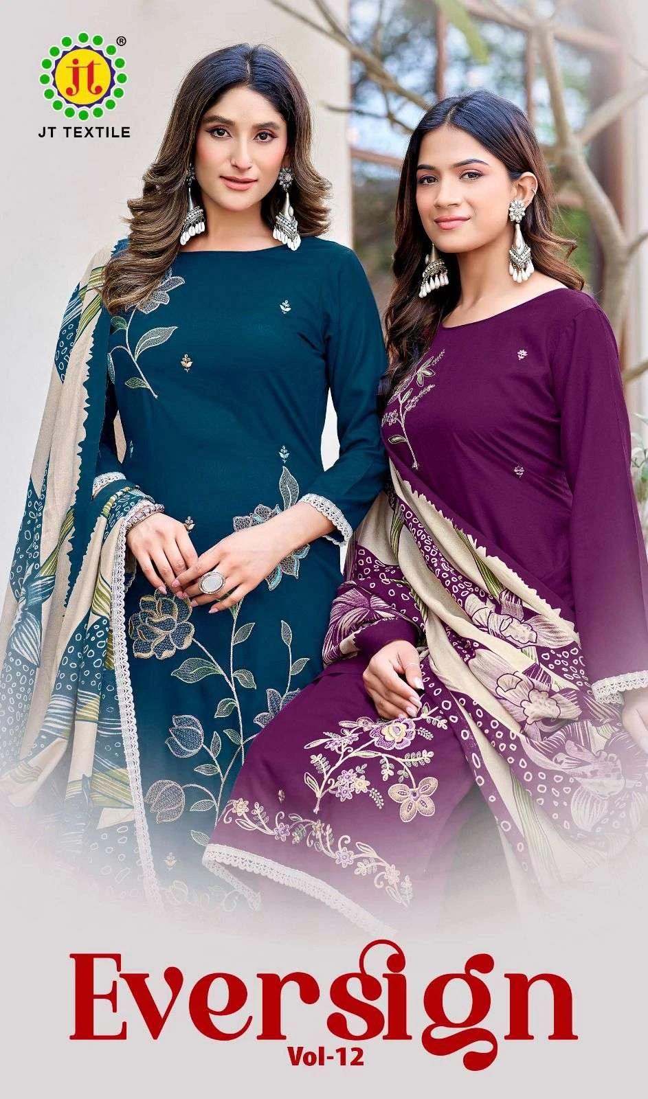 Jt Eversign Vol 12 catalog cover featuring models in embroidered salwar suits with printed dupattas in teal and deep purple.