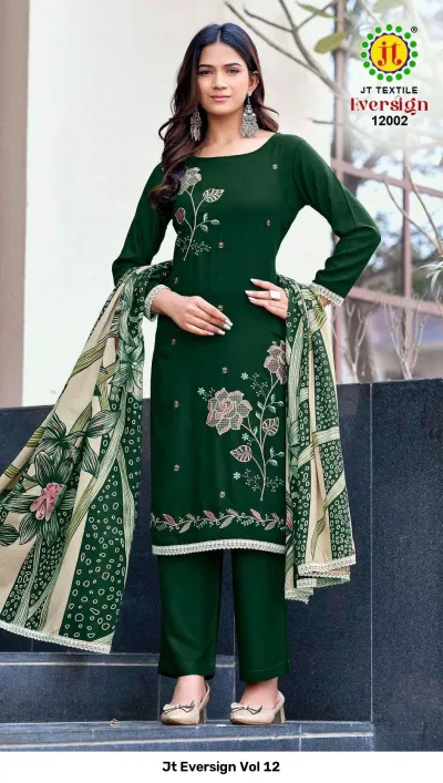 Jt Eversign Vol 12 dark green dress material with floral thread work embroidery and a printed beige and green dupatta.