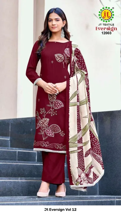 Jt Eversign Vol 12 maroon dress material featuring floral thread work embroidery and a printed beige and maroon dupatta.