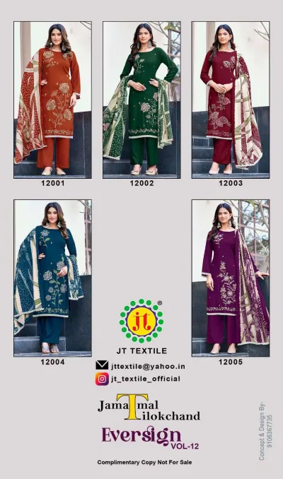 Jt Eversign Vol 12 catalog collage showcasing five different dress material designs with floral embroidery and printed dupattas.