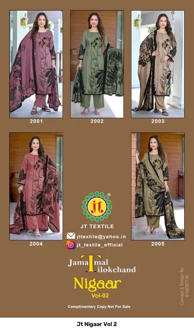 Jt Nigaar Vol 2: Catalog collage showing five different printed dress material designs.