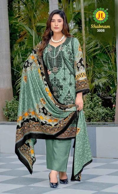 Jt Shabnam Vol 3: A model wearing a sage green salwar suit with black thread work embroidery, printed patterns, and a matching dupatta.