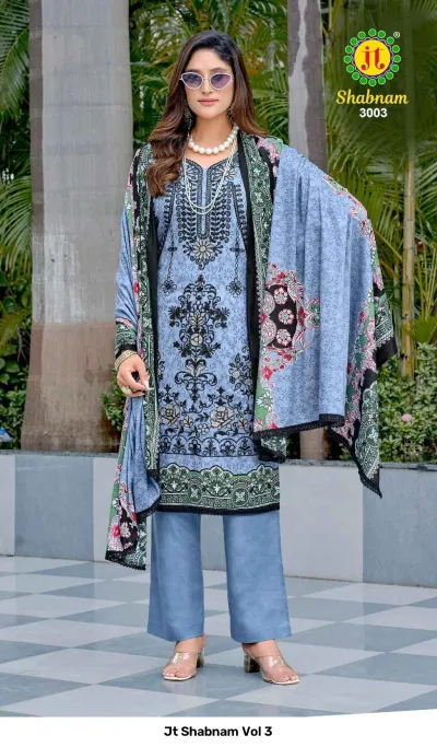 Jt Shabnam Vol 3: A model in a blue salwar suit featuring black thread work embroidery, geometric prints, and a matching dupatta.