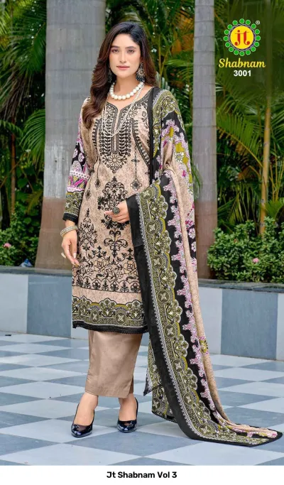Jt Shabnam Vol 3: A model in a beige salwar suit featuring black thread work embroidery, floral patterns, and a matching dupatta.