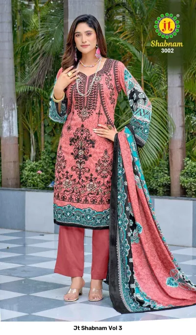 Jt Shabnam Vol 3: A model wearing a salmon pink salwar suit with black thread work embroidery, intricate prints, and a matching dupatta.
