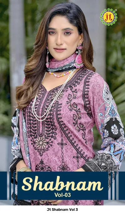 Jt Shabnam Vol 3: Close-up of a dusty pink salwar suit bodice showcasing black thread work embroidery and printed details.
