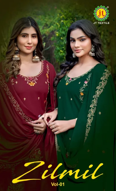 Jt Zilmil Vol 1 catalog cover featuring models wearing maroon and dark green salwar suits with embroidery and dupattas.