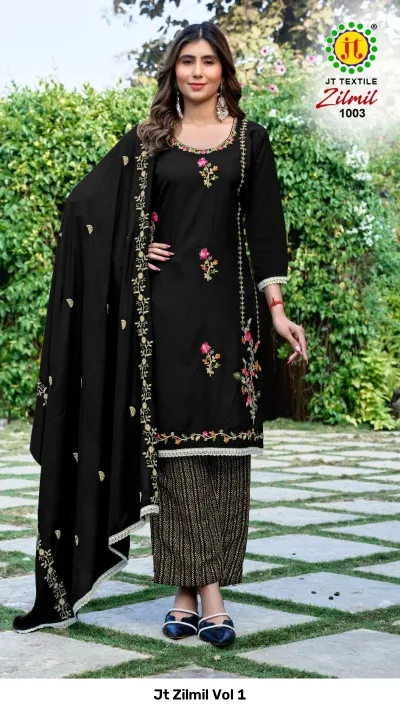 Jt Zilmil Vol 1 black salwar suit with colorful floral thread work embroidery and a matching dupatta with gold detailing.