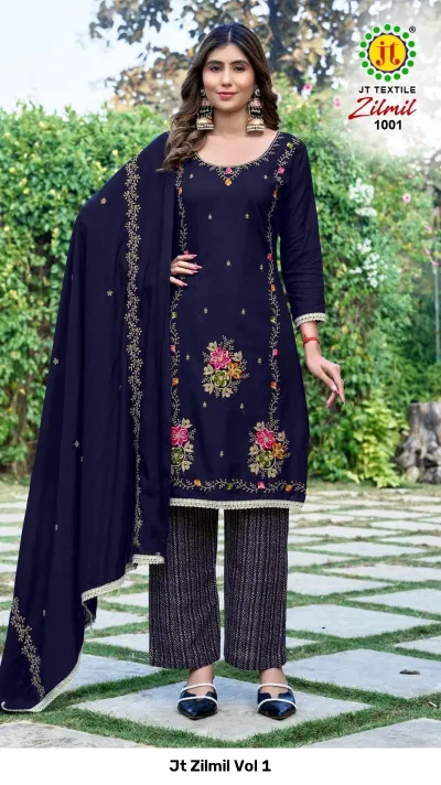 Jt Zilmil Vol 1 navy blue salwar suit with vibrant floral thread work embroidery and a coordinating printed palazzo pant.