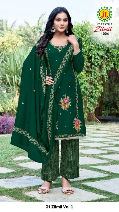 Jt Zilmil Vol 1 dark green salwar suit featuring intricate floral thread work embroidery and a matching dupatta.