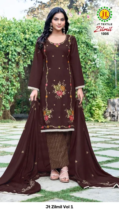 Jt Zilmil Vol 1 chocolate brown salwar suit with floral thread work embroidery and patterned palazzo pants.