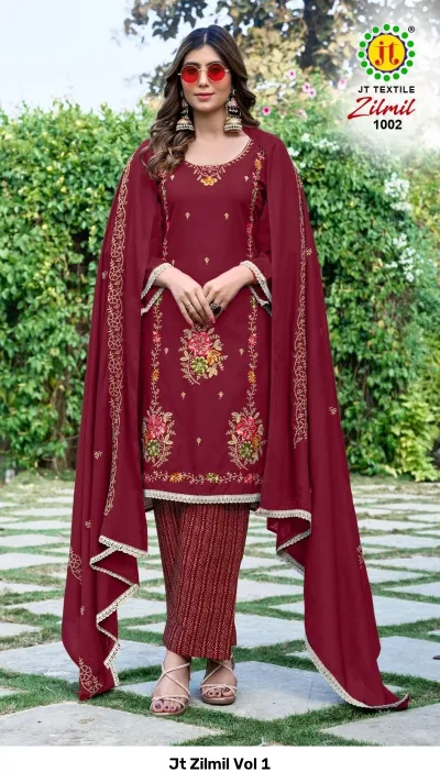 Jt Zilmil Vol 1 maroon salwar suit with gold thread work embroidery, paired with a matching dupatta and printed pants.