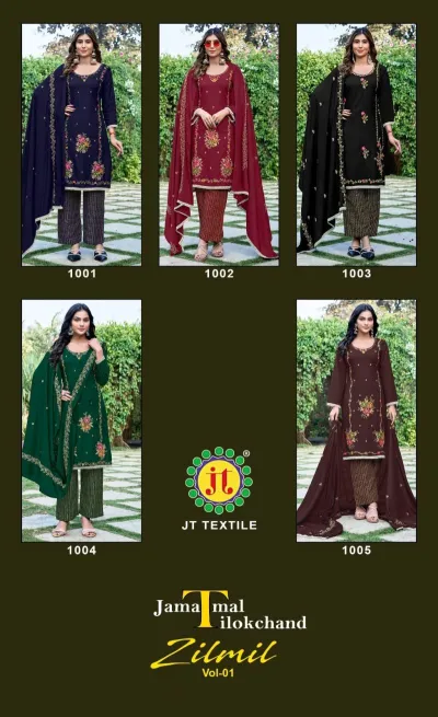 Jt Zilmil Vol 1 collage showing five different colored salwar suit designs from the collection.