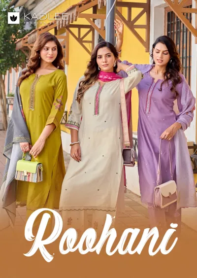 Kadlee Roohani, catalog cover featuring a collage of six different colored salwar suit sets with embroidered straight kurtis and floral printed dupattas.