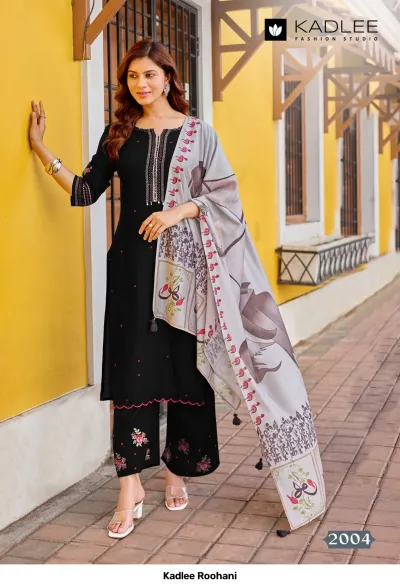 Kadlee Roohani, black straight cut salwar suit with thread work neckline, floral embroidery on hem and sleeve, and a printed grey dupatta.