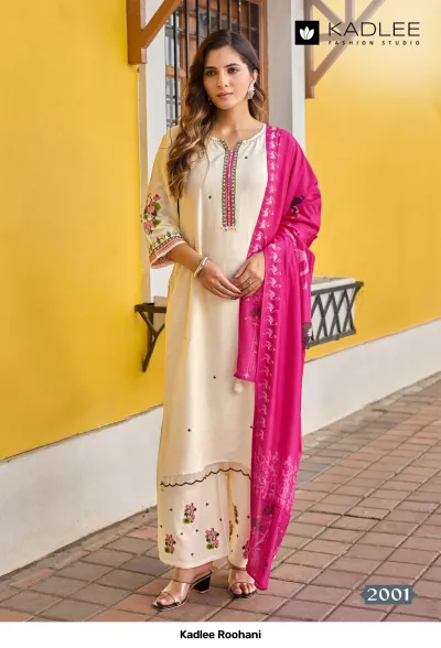 Kadlee Roohani, off-white straight cut salwar suit with thread work on neckline, floral embroidery on hem, and a bright pink printed dupatta.