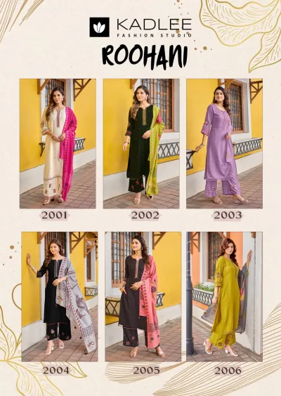 Kadlee Roohani, catalog cover collage displaying models wearing six different colored straight cut salwar suit sets from the collection.
