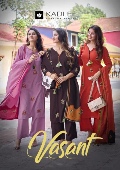 Kadlee Vasant, catalog collage displaying five different women's salwar suit designs with floral embroidery, tassels, and matching dupattas in various colors.