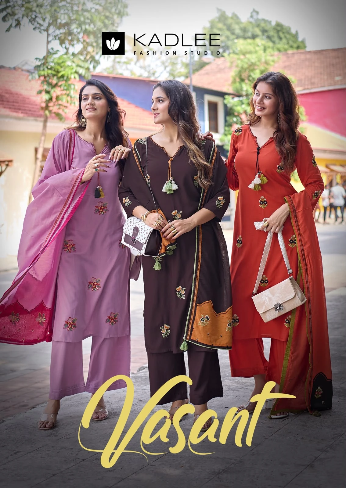 Kadlee Vasant, catalog collage displaying five different women's salwar suit designs with floral embroidery, tassels, and matching dupattas in various colors.