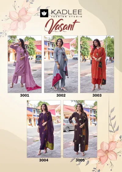 Kadlee Vasant, catalog collage displaying five different women's salwar suit designs with floral embroidery, tassels, and matching dupattas in various colors.