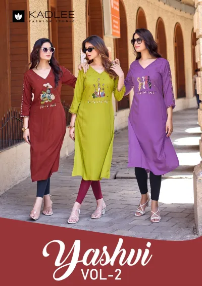 Kadlee Yashvi Vol 2: Catalog cover featuring a collage of six different women wearing varied colored kurtis with themed embroidery.